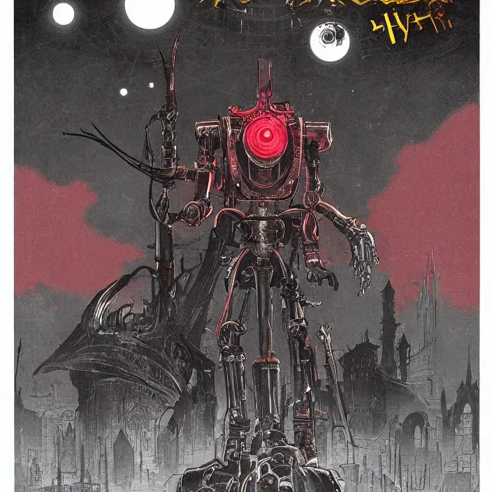 Image similar to a robot hunter from bloodborne in yharnam, style by retrofuturism, faded red and yelow, by malcolm smith, old comics in city, nicholas roerich, katinka reinke