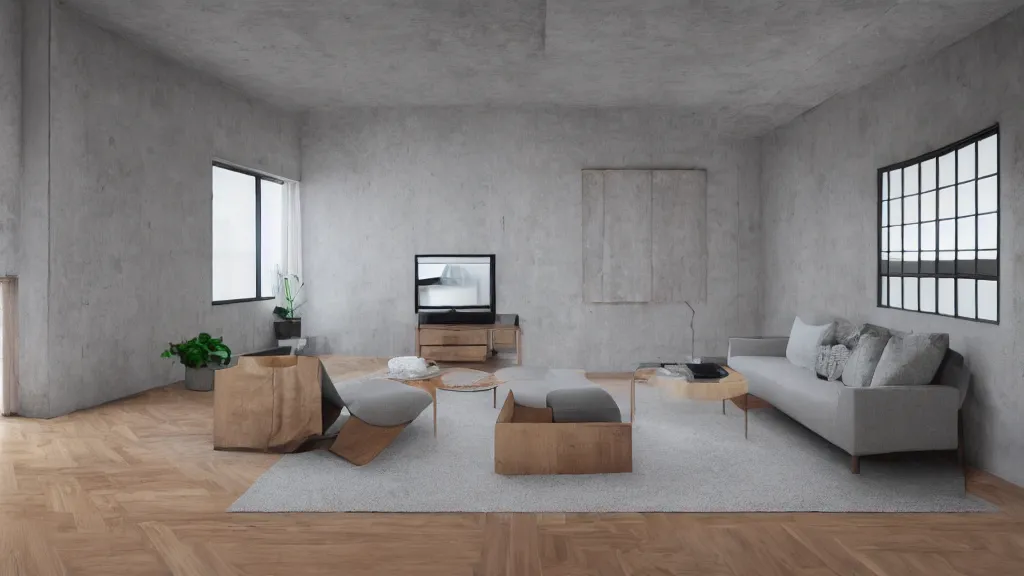 Image similar to living room, wooden floor, concrete wall, contemporary furniture, photorealistic render in octane