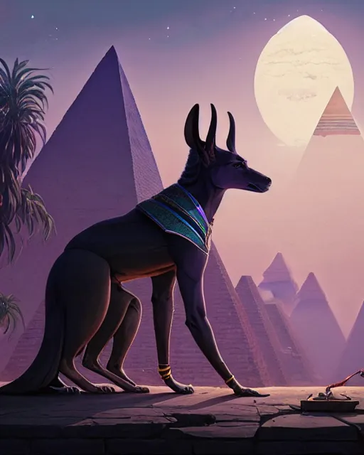 Image similar to highly detailed vfx portrait of a egyptian god anubis talking to horus with pyramid behind them, sky galaxy purple, unreal engine, greg rutkowski, loish, rhads, beeple, makoto shinkai and lois van baarle, ilya kuvshinov, rossdraws, tom bagshaw, alphonse mucha, global illumination, detailed and intricate environment