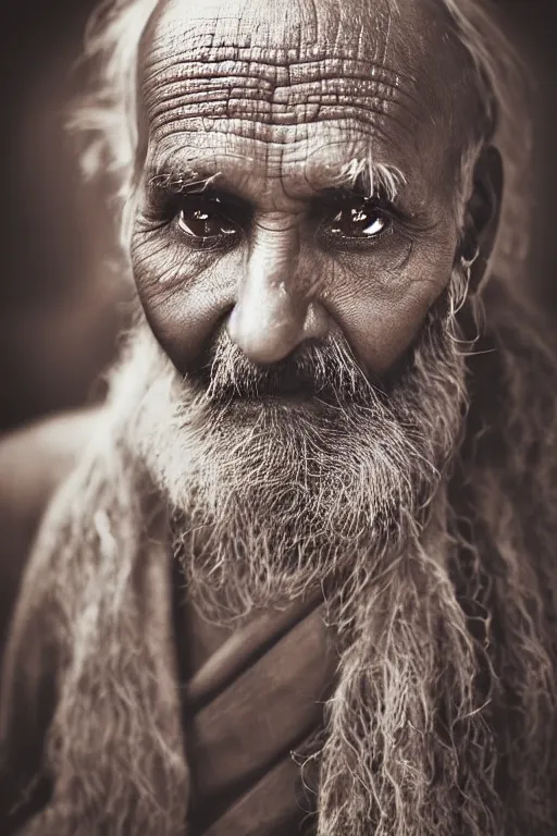 Image similar to a close up face photography of an old Indian sadhu with a beard by maarten schröder and tom bagshaw, studio photography, catchlight in the eyes, melancholic, 70mm lens, dark background, ring lighting, vignette, very detailed, shallow depth of field, trending on 500px, 8K, highly coherent