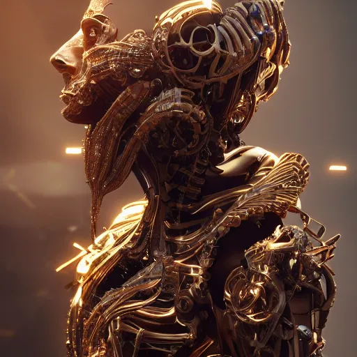 Image similar to beautiful impish biomechanical incredible technological hair, masterpiece crystalline incrustations, hyper - detailed face, elegant pose, movie still, intricate, octane render, cinematic lighting, cgsociety, unreal engine,