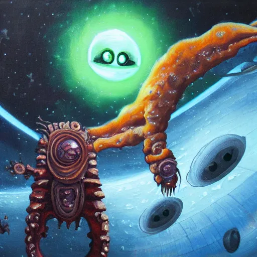 Image similar to A small spaceship fights an eldritch abomination with facial features. Oil painting
