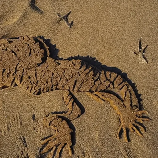 Prompt: photo of a trex made out of sand at the beach