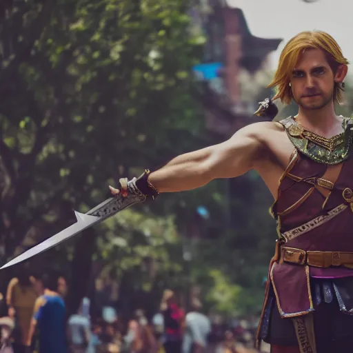 Image similar to Link showing his sword at Christopher Street Day, cinematic, photorealistic, 4K