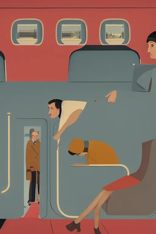 Prompt: scene from wes anderson train by helen lundeberg