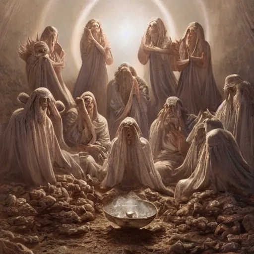 Prompt: seven angels come forth and receive seven bowls full of the wrath of god, smoke fills the temple so that no one can enter till the plagues of the seven angels have been complete, by gustave dore and stephen hickman and allen williams, trending on artstation, cgsociety, 4 k hd, earthtone colors, skulls in the smoke, an open canvas tent in the background