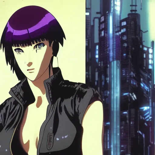 Prompt: Ghost in the Shell, GitS, perfect face Kusanagi Motoko, style by Masamune Shirow