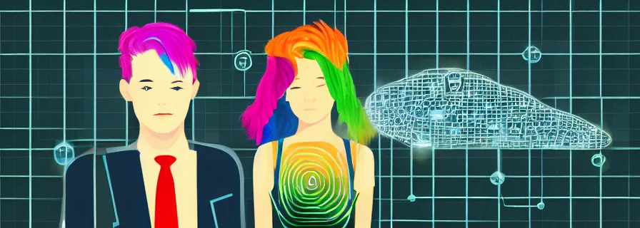 Image similar to anthropomorphic female with rainbow hair accompanying artificial intelligence boyfriend blueprint