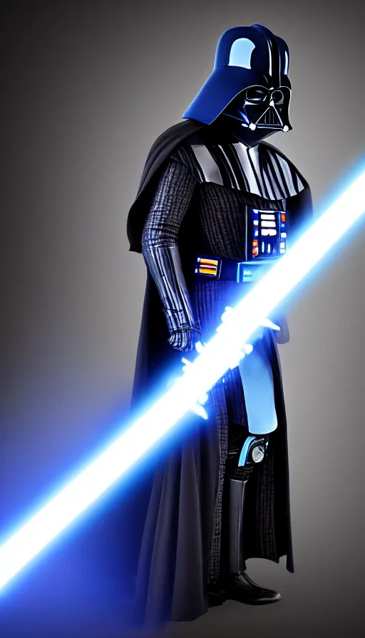 Image similar to A blue Darth Vader suit holding a blue lightsaber, 4k, dark background, 3d,