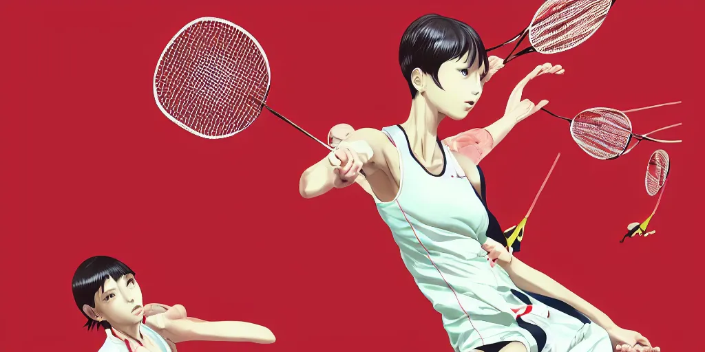 Image similar to illustration of a badminton, realistic body poses, badminton rackets, badminton birdies, by ilya kuvshinov katsuhiro otomo