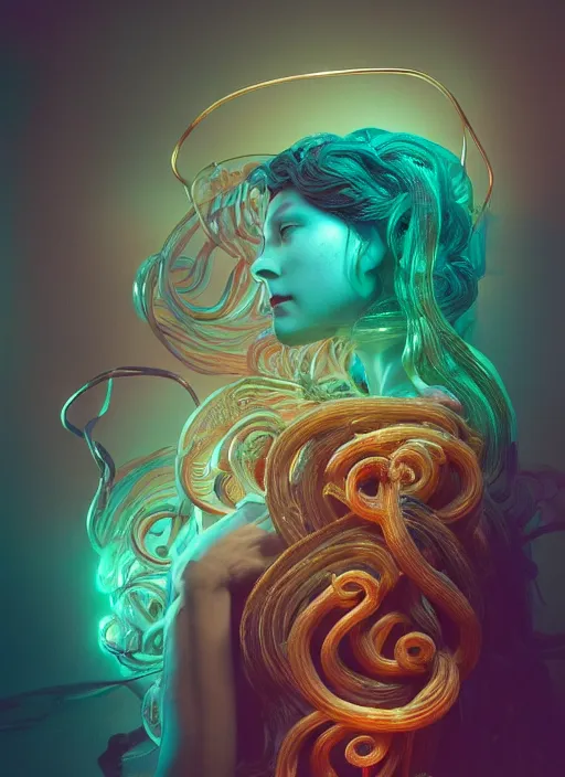 Prompt: subsurface scattering, medusa made of soft wax, cgsociety, translucent, wooden art nouveau swirls, colored smoke, gold cables, electricity, tubes, in the style of ruan jia and beeple and giger, mystical colors, back light, rim light, dramatic lighting, 8 k, stunning scene, raytracing, octane render