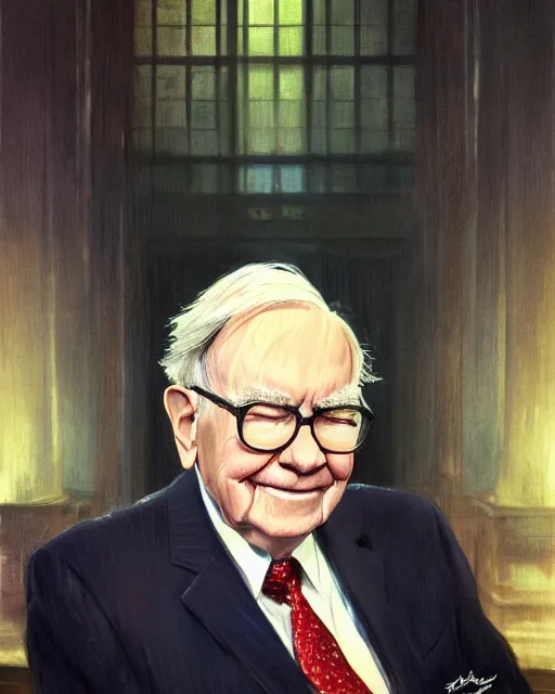 Prompt: beautiful portrait of warren buffett in the new york stock exchange, by paul lehr and mark kolobaev and artgerm, dieselpunk, realism, highly detailed, intricate, studio ghibli color scheme, masterpiece, portrait, face, handsome, hard shadows, sharp focus, 8 k