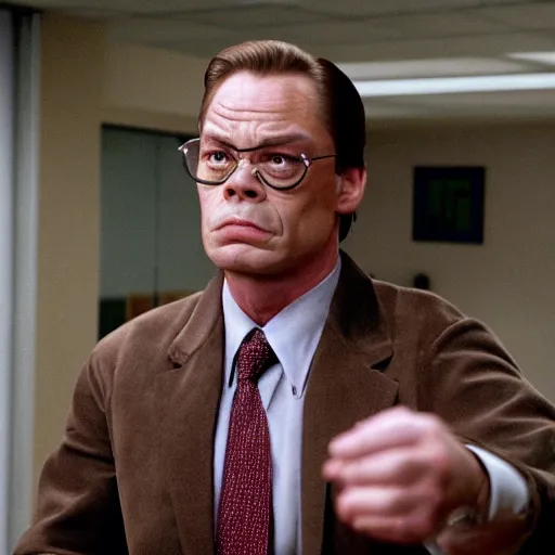 Image similar to Jean Claude Vandamme as Dwight Schrute on the office, cinematic still, high quality,