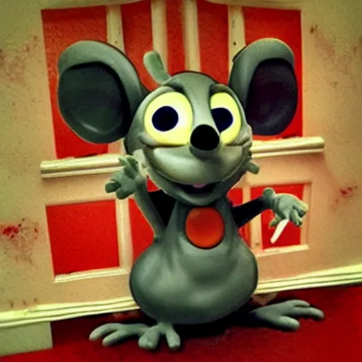 Image similar to horror creepypasta chuck E cheese mouse breaking into room, hyperrealistic blood and eyes, cursed image