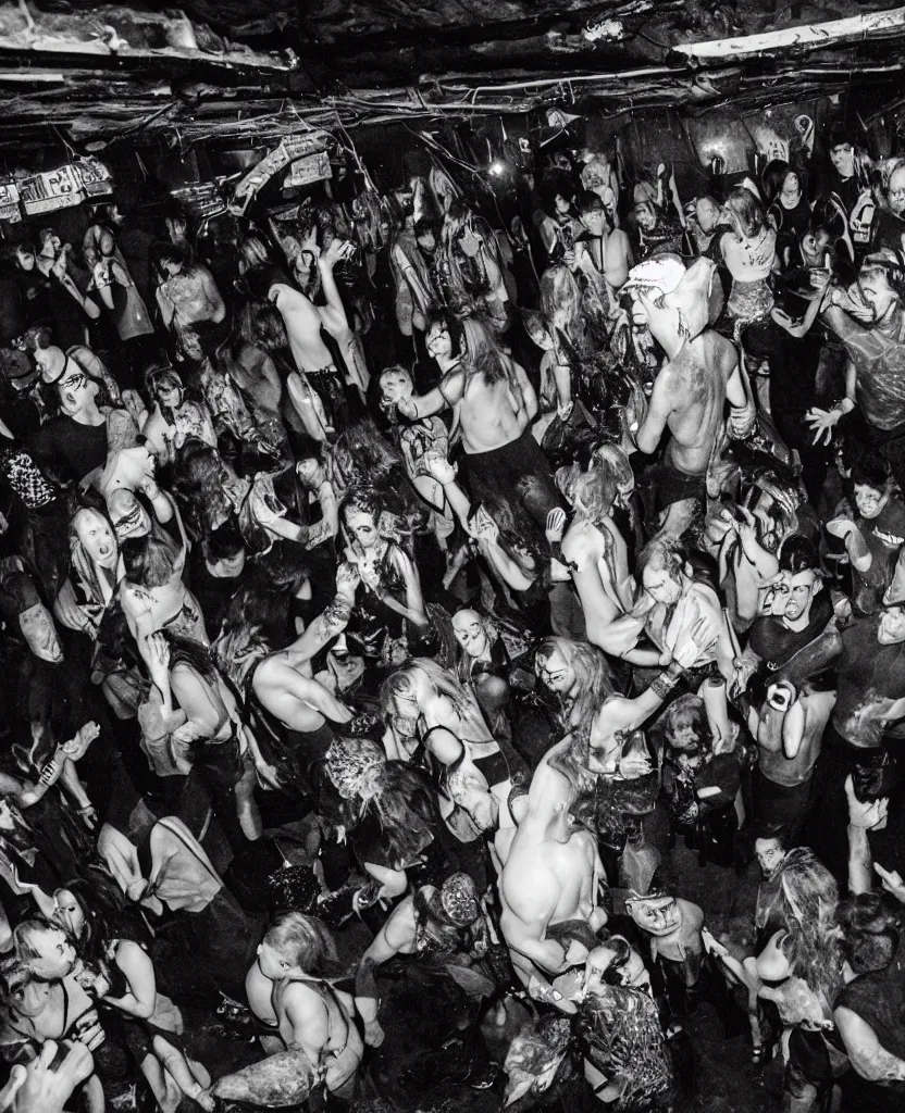 Image similar to photos of a wild underground party taken by merlin bronques, expert everything is under water