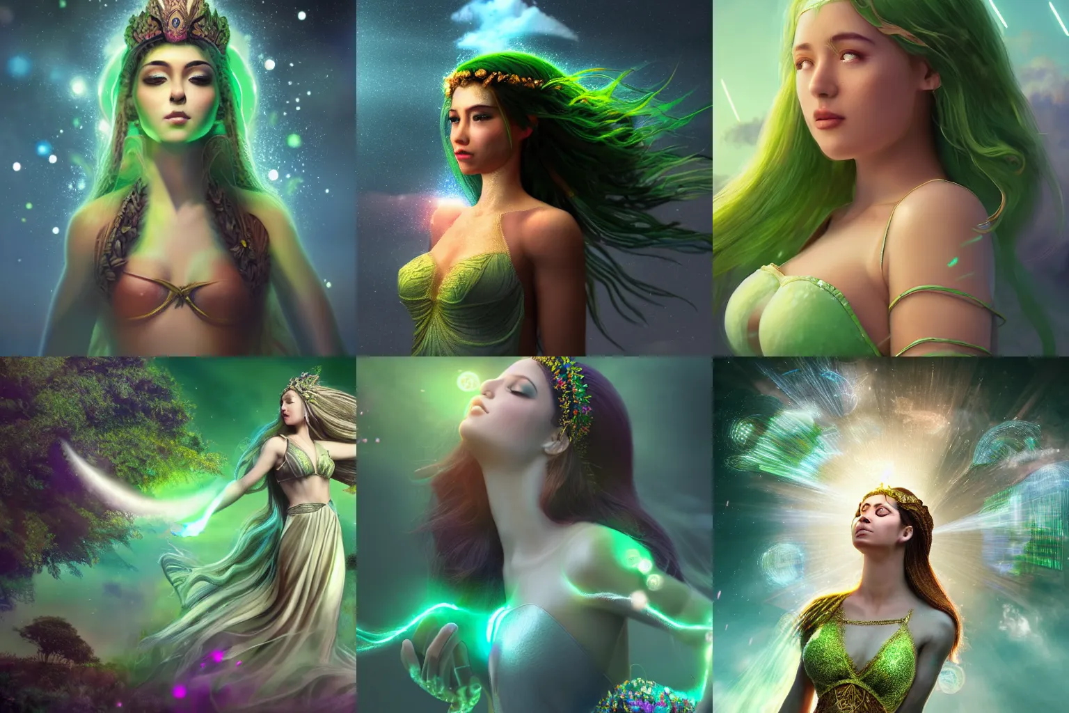 Prompt: a beautiful female goddess of the green character, character is in all its glory, character is in her natural relaxed pose, rim lights, particles and dust in the air, fancy clouds, highly detailed professional photo, dynamic lights, particles are flying, depth of field, trending on artstation, professional illustration, hyper realistic, vray caustics, super detailed, colorful accents, cinematic shot