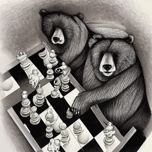 Prompt: jerry garcia and a bear playing chess, drawing by mc escher, hyper realistic, volumetric lighting