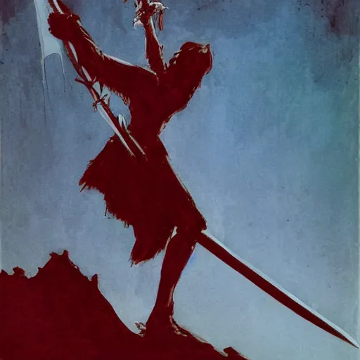 Prompt: Sobbing knight impaling comrade with sword in the style of Jeffrey Catherine Jones