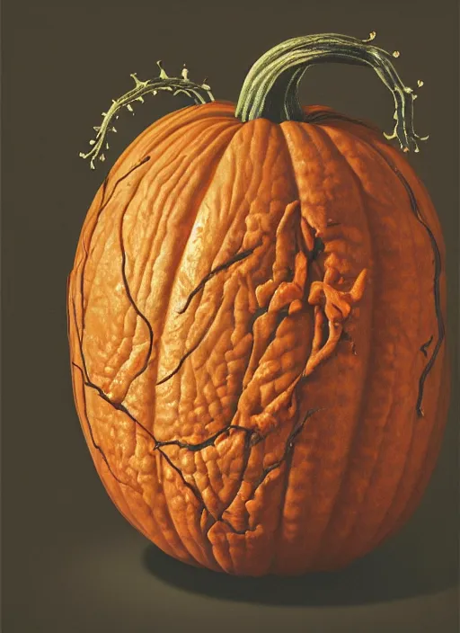 Prompt: portrait of a pumpkin with translucent skin, visible muscles and veins and arteries and bones and spines and nerves, beautiful detailed intricate insanely detailed octane render, 8 k artistic photography, photorealistic, chiaroscuro, by david cronenberg, raphael, caravaggio