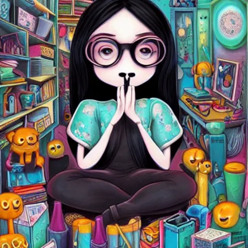 Image similar to lonely goth nerd sitting in cluttered room alone, by jeremiah ketner, aesthetic!!!, detailed, realistic, hyper realism, small details, goth aesthetic,