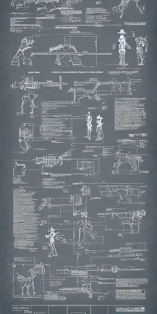 Image similar to robotic cowboy, blueprint, plans, infographic, poster, westworld, year 1850