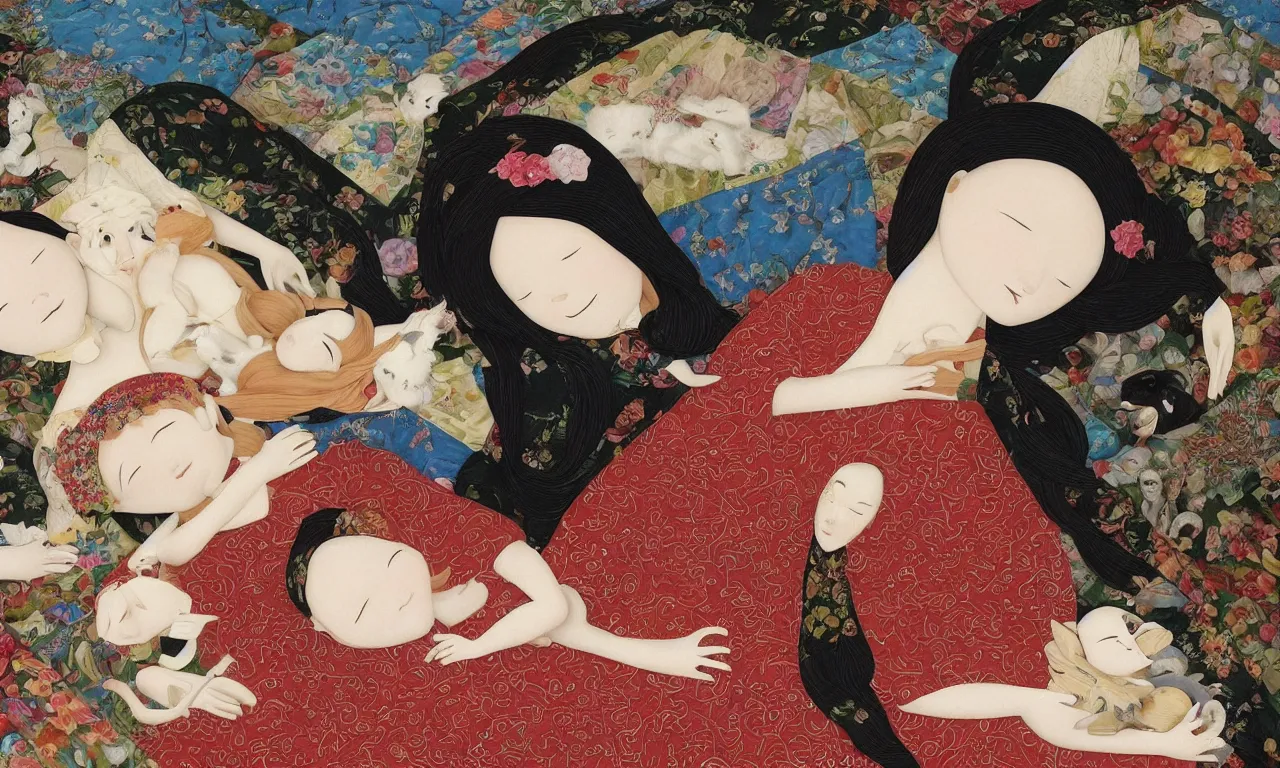 Prompt: a portrait of a beautiful female mannequin, a jointed wooden art doll with long flowing hair, sleeping on a patchwork quilt with a cat asleep next to her, cats sleeping, by Raphael, by Chiho Aoshima