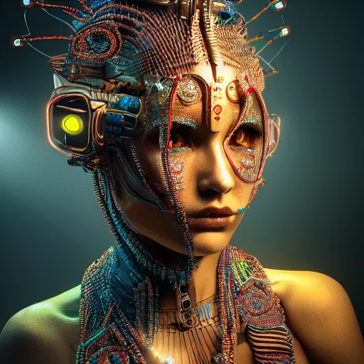 Image similar to beautiful Fine art photo of a young enraptured Morgan Lee as a cyberpunk mayan robotic goddess, photorealistic, centered, highly detailed and intricate, sun lighting, 8k