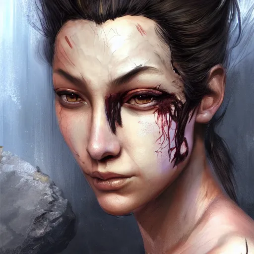 Image similar to beautiful, very strong, mixed race, female, middle aged, face, no makeup, scarred, warrior, head shot, fantasy, highly detailed, digital painting, artstation, concept art, smooth, sharp focus, illustration, art by jodie muir and brom