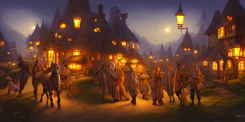 Image similar to a fantasy village landscape, twilight, lamps, lit windows, digital illustration by michael whelan and leyendecker and artgerm, intricate details, surreal, photorealistic, award winning