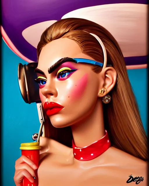 Prompt: closeup profile face profile portrait of a tin toy cara delevigne as a waitress in a diner, bikini, hyper realistic, artstation, illustration, concept art by dan decarlo, digital paint, matte paint, vivid colors, bright, cheerful, detailed and intricate environment