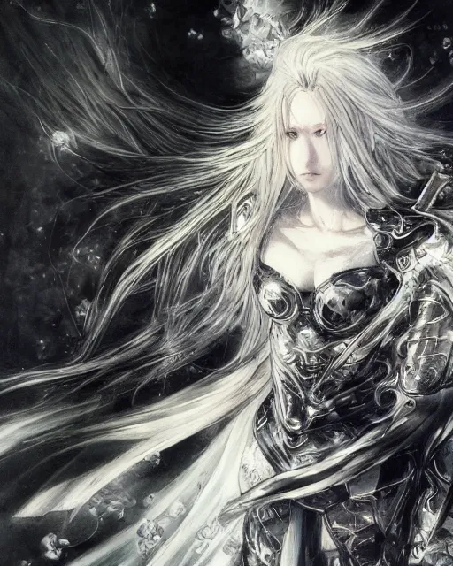 Image similar to Yoshitaka Amano realistic illustration of an anime girl with wavy white hair and cracks on her face wearing Elden ring armour with the cape fluttering in the wind, abstract black and white patterns on the background, noisy film grain effect, highly detailed, Renaissance oil painting, weird portrait angle