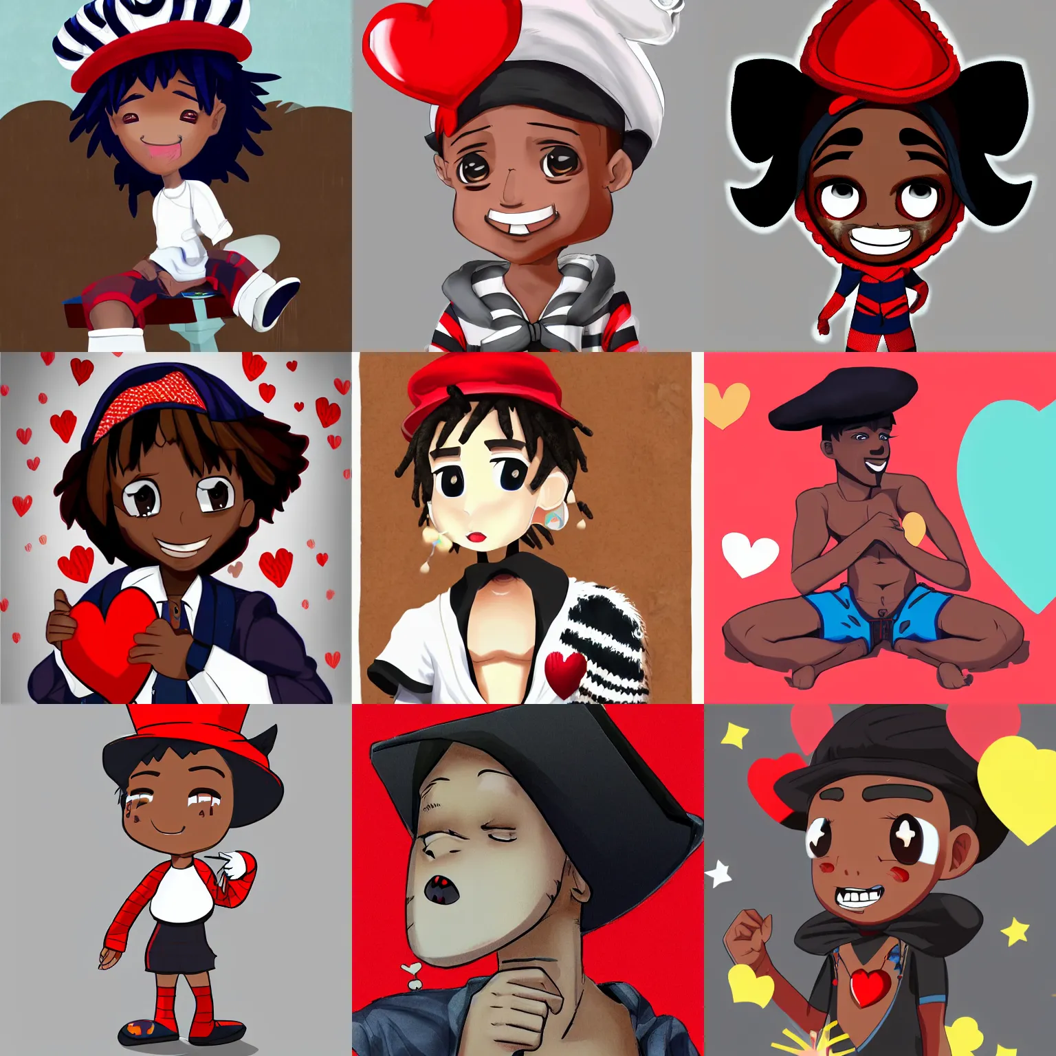 Prompt: a young black man wearing a jester's hat and white boxers with red hearts, chibi, anime, trending on art station, cute, high quality, award winning, digital art