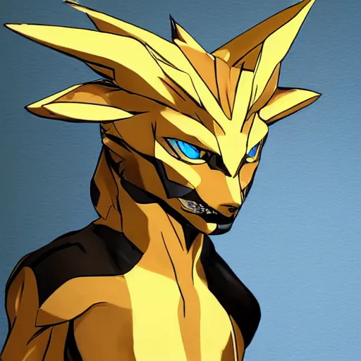 Prompt: Portrait of Zeraora, made by Yoji Shinkawa, Highly detailed, fantasy themed, dynamic posing, concept art