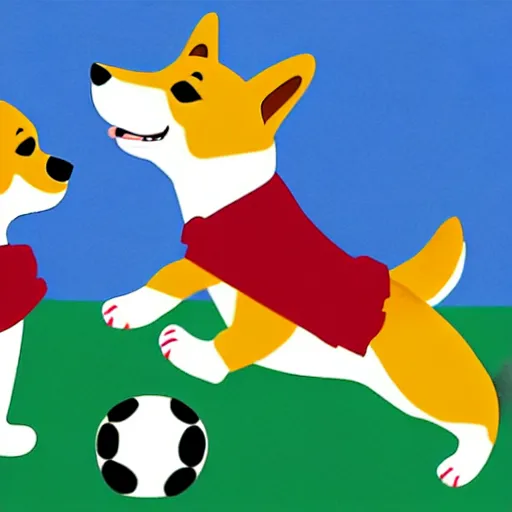 Image similar to illustration of boy playing football with a corgi wearing a polkadot scarf on the streets of paris