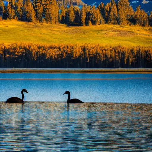 Image similar to photo of two black swans swimming in a beautiful reflective mountain lake, touching heads, forming a heart with their necks, a colorful hot air balloon is flying above the swans, hot air balloon, intricate, 8k highly professionally detailed, HDR, CGsociety