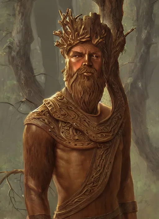 Image similar to a fantasy character portrait of a man made of wood, a wooden man of the forest, pagan god, symmetry, highly detailed digital painting, trending on artstation, art by edmund blair leighton and phil hale and ilya repin and charlie bowater