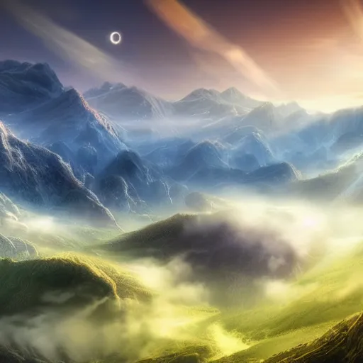 Image similar to digital artwork of a beautiful fantasy landscape of magical mountains encircled by clouds, mist, auras