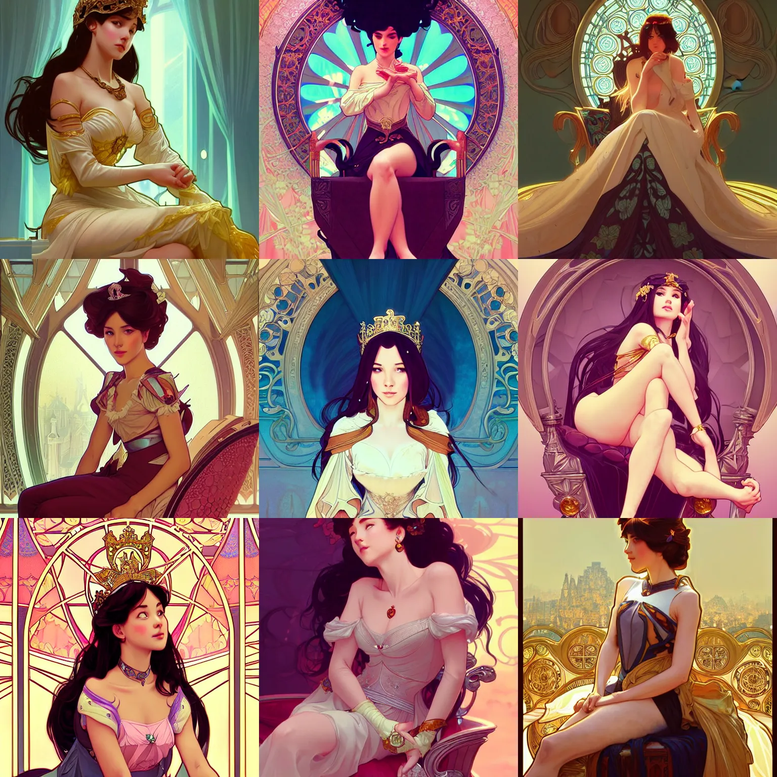 Prompt: princess sitting in a throne. highly detailed, digital painting, artstation, concept art, smooth, sharp focus, illustration, art by artgerm and alphonse mucha, high definition digital art, in the style of Ross tran and ilya kuvshinov