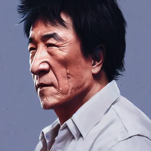 Image similar to “Portrait of Jackie Chan by Greg Rutkowski, young, manly, attractive, strong, older brother vibes, highly detailed portrait, scifi, digital painting, artstation, concept art, smooth, sharp foccus ilustration, Artstation HQ”