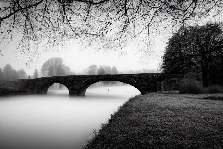 Prompt: masterpiece monochromatic lomography landscape of ( pont saint ambroix ), ambrussum, cinematic lights, 8 k, long exposure, fog in the background, soft blue tones, artstation, deviantart