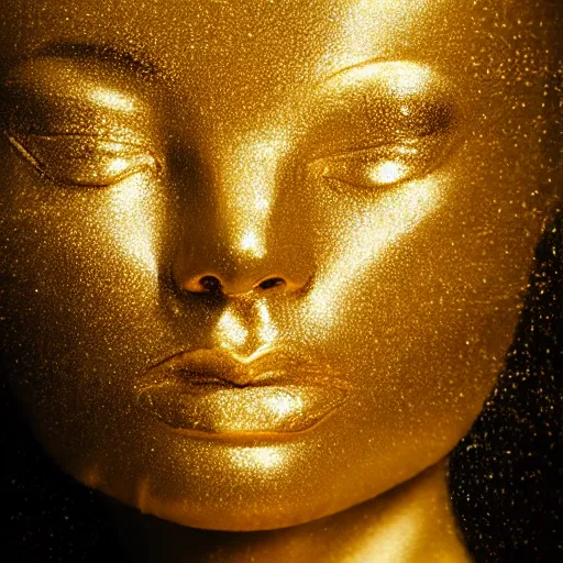 Prompt: female face melting in golden glass, hypperrealistic 3 d sculpture, bokeh, long exposure, close up portrait, epic light, clouds, god rays, heaven, art noveau, artistic sketch