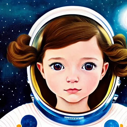 Image similar to a painting of a little girl with short wavy curly light brown hair and blue eyes, floating in space. she is an astronaut, wearing a space suit. beautiful detailed face line art by ilya kuvshinov