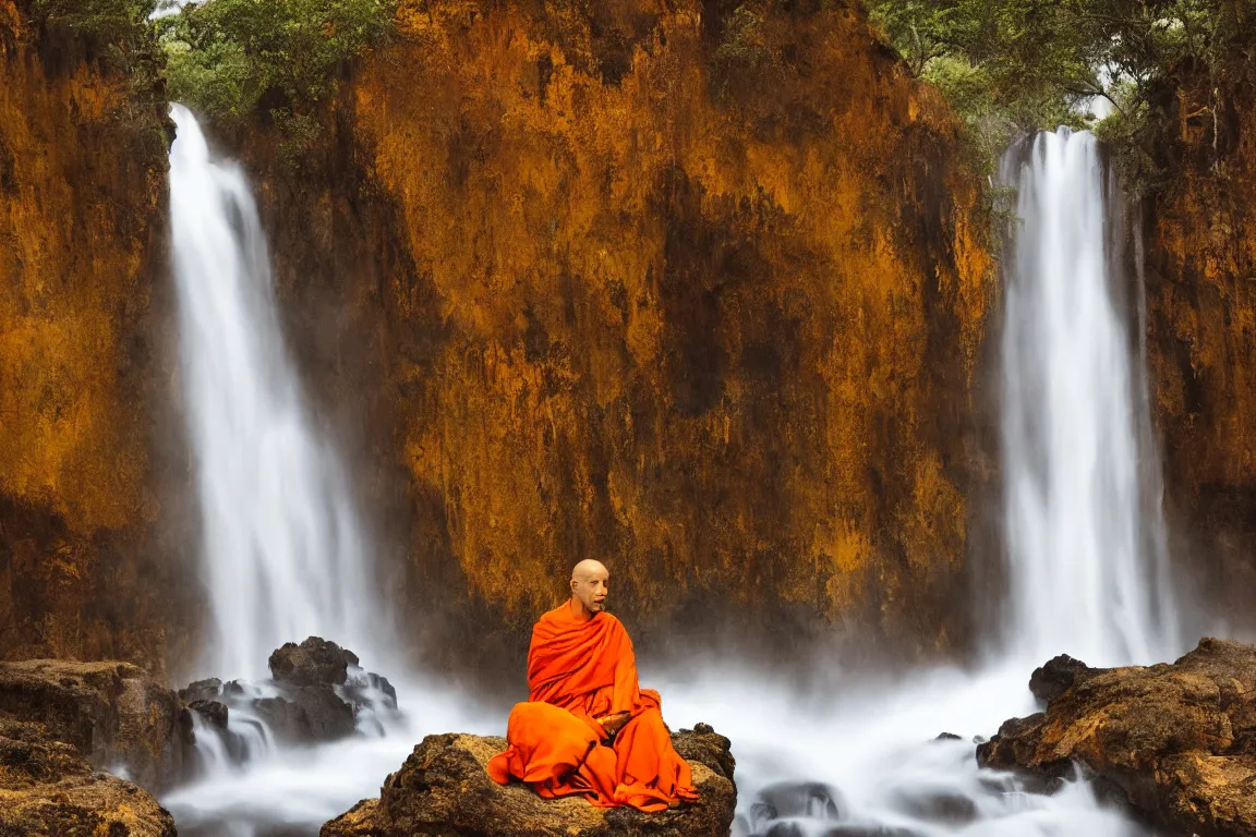 Image similar to dang ngo, annie leibovitz, steve mccurry, a simply breathtaking shot of mediating monk in orange, giantic waterfall, sunshine, golden ratio, wide shot, symmetrical