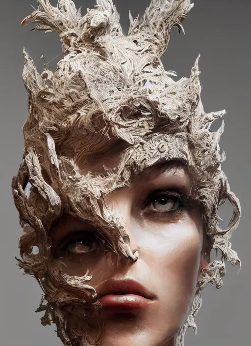 Image similar to sculpture made of wood, portrait, female, future, harper's bazaar, vogue, magazine, intricate, concept art, close up, ornate, luxury, elite, elegant, trending on artstation, by ruan jia, by Kenneth Willardt, by ross tran, by WLOP, by Andrei Riabovitchev,