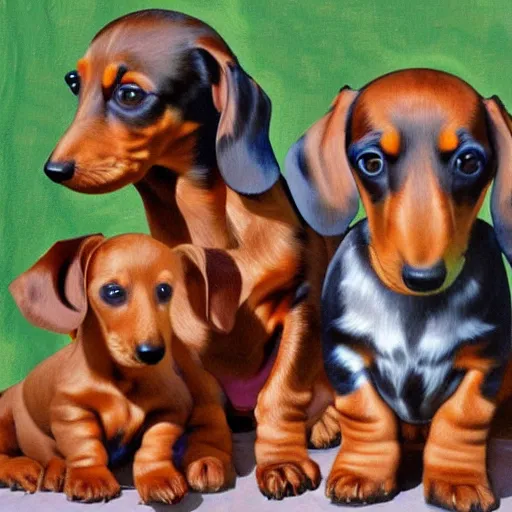 Prompt: color painting of many dachshund puppies nursing,