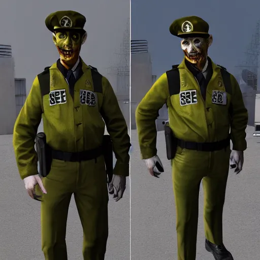 Prompt: ( ( beige ) ) zombie uniform and caps zombie security officers trending on artstation very realistic proportional accurate high detail 4 k 8 k hd