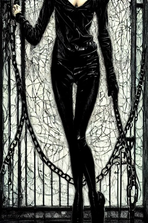 Image similar to dreamy gothic girl, black leather slim clothes, chains, wet room, beautiful body, detailed acrylic, grunge, intricate complexity, by dan mumford and by alberto giacometti, peter lindbergh