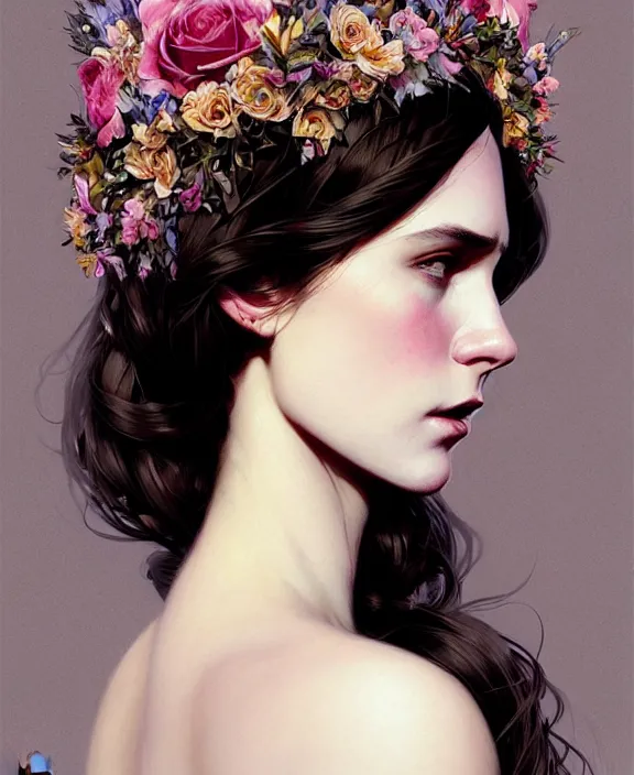 Prompt: masterpiece concept art of a beautiful brunette woman with pale skin and a flower crown seated on an intricate shadow throne, a beautiful highly detailed fae lady, extremly emotional, cinematic moody colors, realistic shaded lighting poster by ilya kuvshinov, magali villeneuve, artgerm, jeremy lipkin and michael garmash and rob rey