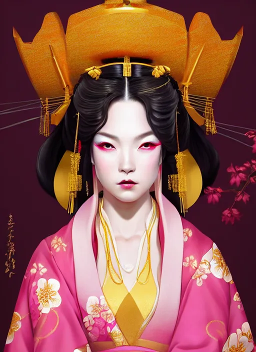 Image similar to dreamlike luxury stunning oiran portrait, pink and gold kimono, art by artgerm, wlop, loish, ilya kuvshinov, 8 k realistic, hyperdetailed, beautiful lighting, detailed background, depth of field, symmetrical face, frostbite 3 engine, cryengine,