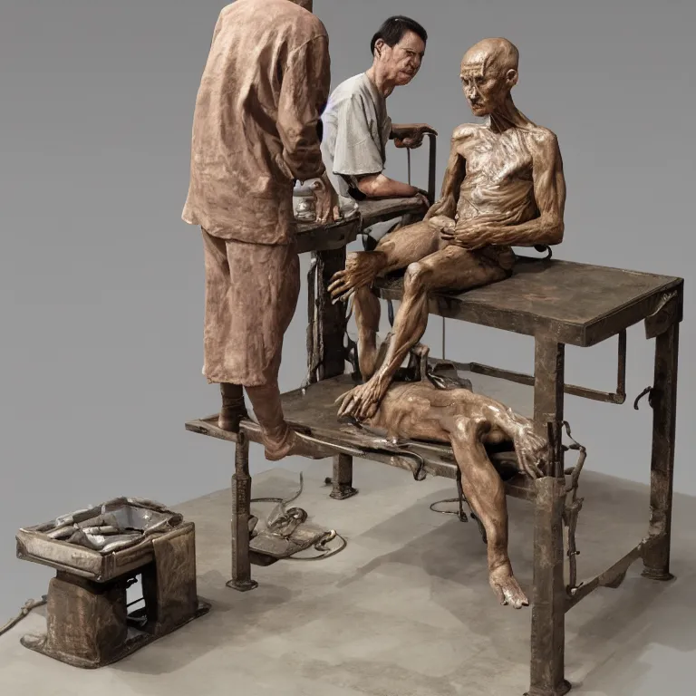 Image similar to hyperrealistic sculpture of a fossilized bronze chinese prisoner, on an operating table in a cage on a pedestal, surrounded by surgeons, by ron mueck and duane hanson and lee bontecou and giacometti, hyperrealistic dramatic colored lighting trending on artstation 8 k